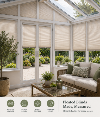 Bright conservatory with cream pleated blinds, green plants, and a wooden coffee table.