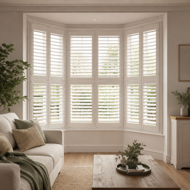 Bright living room with a bay window, white shutters, cream sofa, and wooden coffee table.
