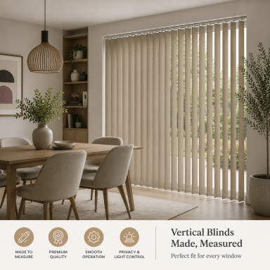 Modern dining area featuring a table, chairs, and beige vertical blinds.
