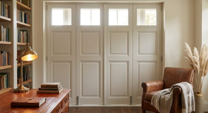 A cozy interior with a wooden desk, leather armchair, and elegant panelled doors.
