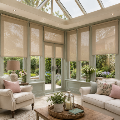 A bright conservatory with beige roller blinds, a cozy seating area, and plants outside.