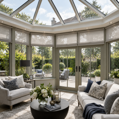 Bright conservatory with elegant seating and lush garden views.