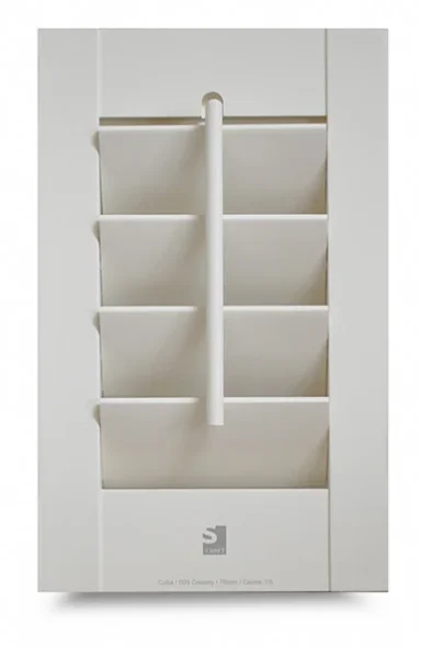 White cabinet door with six horizontal slats and a central handle.
