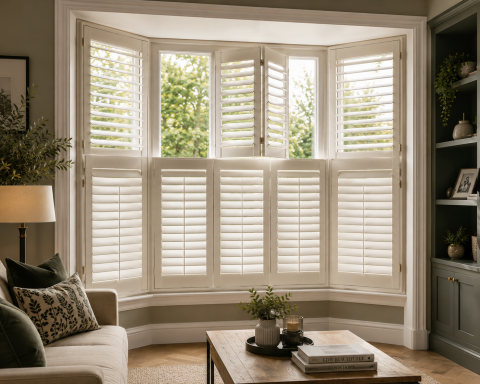 Bright living room with a bay window featuring white plantation shutters and a comfortable sofa.