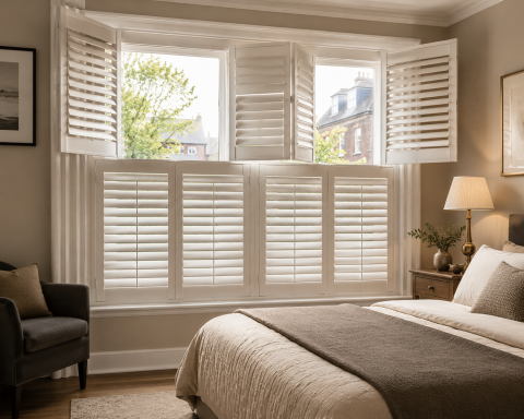 Bright bedroom with plantation shutters and a cozy bed, featuring a nightstand and lamp.