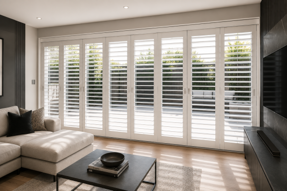 Bright living room with a light sofa, coffee table, and large windows with shutters.