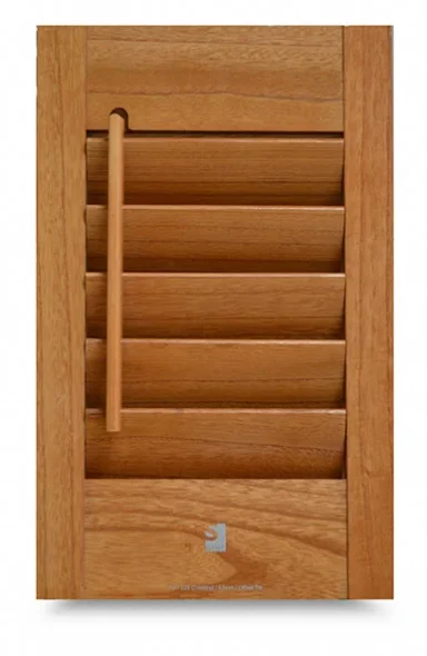 Wooden shutter panel with vertical slats and a horizontal rod for adjustment.