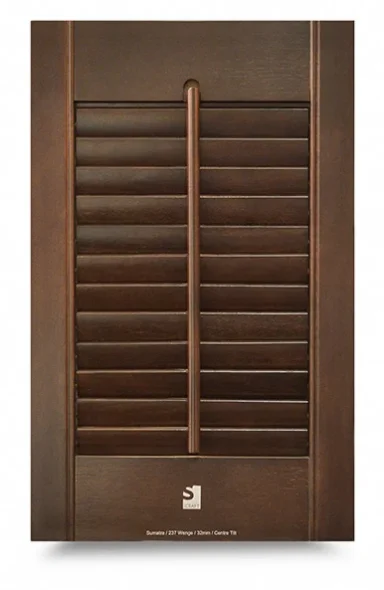 Brown wooden shutter with horizontal slats, featuring a central vertical divider.