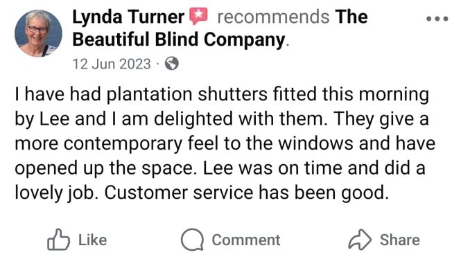 Testimonial from Lynda Turner praising plantation shutters and customer service.