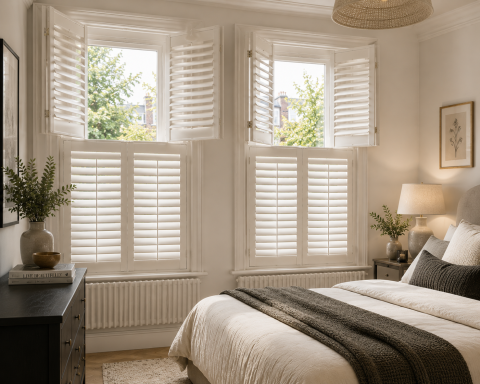 A stylish bedroom featuring white plantation shutters, a cozy bed, and greenery.