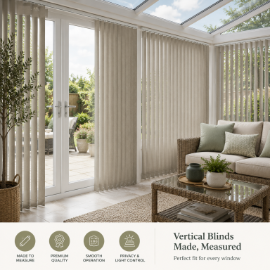Light-filled room with vertical blinds, a sofa, cushions, and plants.