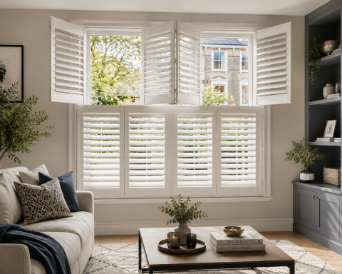 Stylish living room with plantation shutters, a sofa, and a coffee table.