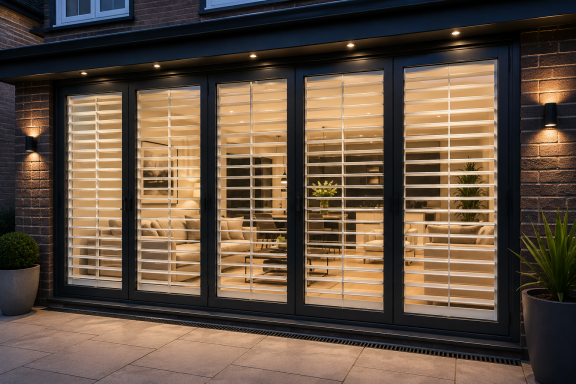 Modern house exterior with large windows covered by wooden shutters, illuminated interior visible.