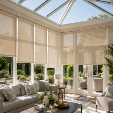 Bright conservatory with cream roller blinds, grey sofa, and lush greenery outside.