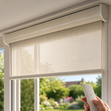 A hand holding a remote controls a light-coloured roller blind in a window.