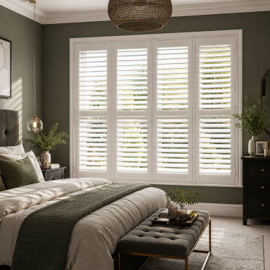 A stylish bedroom featuring a bed, decorative pillows, and large shuttered windows.