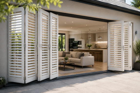 Open white shutters revealing a modern living room with a sofa and kitchenette.