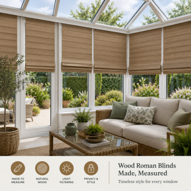 A conservatory with wood Roman blinds and a cosy seating area, surrounded by plants.
