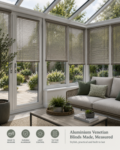 A modern conservatory with aluminium Venetian blinds and a stylish seating area.