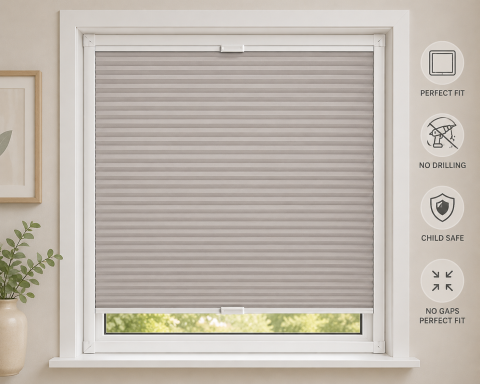 Close-up of a light grey pleated window blind in a white frame.