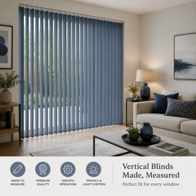 Blue vertical blinds in a modern living room with a sofa and decorative elements.