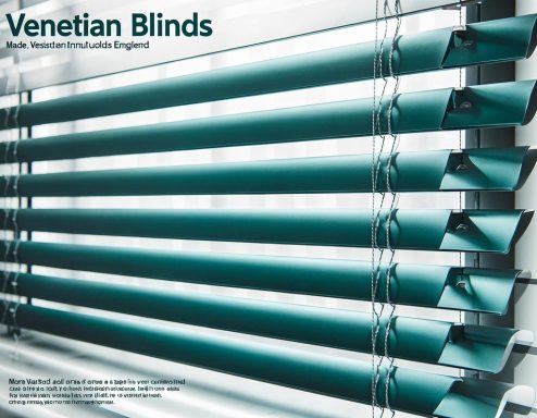 Green Venetian blinds partially opened, allowing light to filter through.