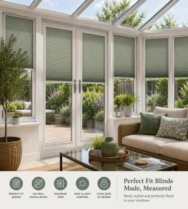 Bright conservatory with Perfect Fit Blinds, plants, and comfortable seating.