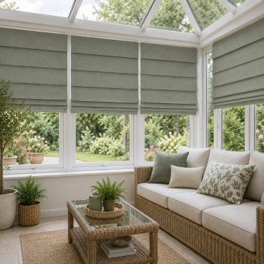 A light-filled conservatory with a sofa, coffee table, and green plants.