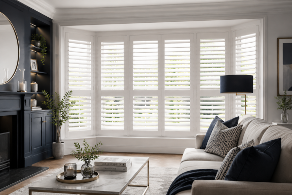 Modern living room with a cream sofa, stylish decor, and bay window with wooden shutters.