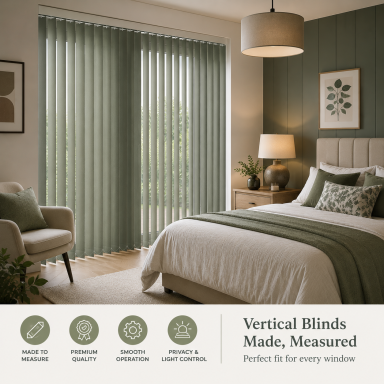 A stylish bedroom featuring vertical blinds, a bed with green accents, and natural light.
